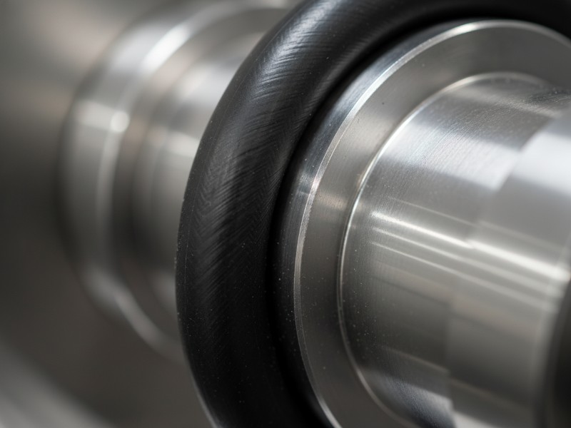 A close-up view of a black, textured rubber O-ring seal fitted into a groove on a precision-machined metal shaft.