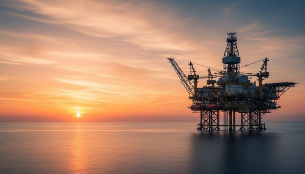 A large offshore oil drilling platform silhouetted against a dramatic orange and gold sunset over a calm ocean.