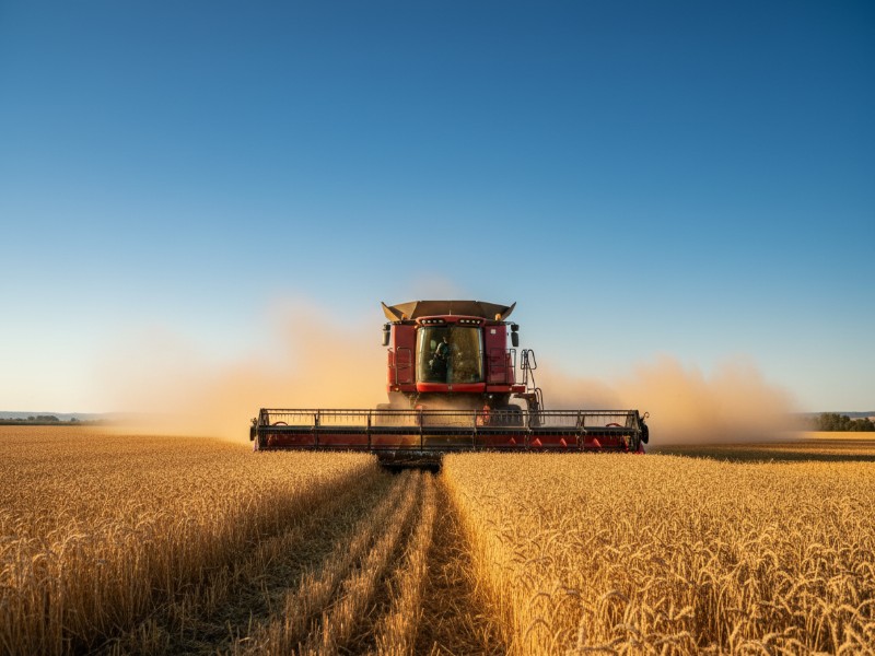 A red combine harvester harvesting a field of golden wheat during sunset, with a clear blue sky and dust rising behind the machine.