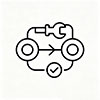 Black line-art icon representing easy to install, featuring an arrow connecting two parts with a checkmark for quick assembly.