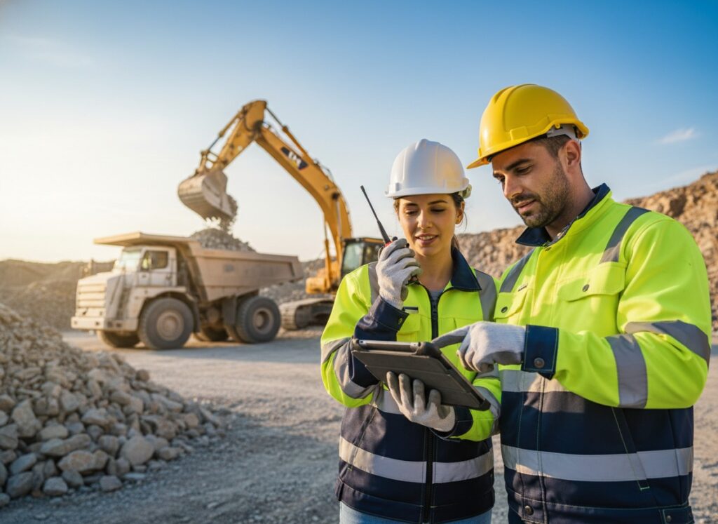 Two construction engineers in safety gear reviewing a tablet at a quarry site, with an excavator and dump truck operating in the background.