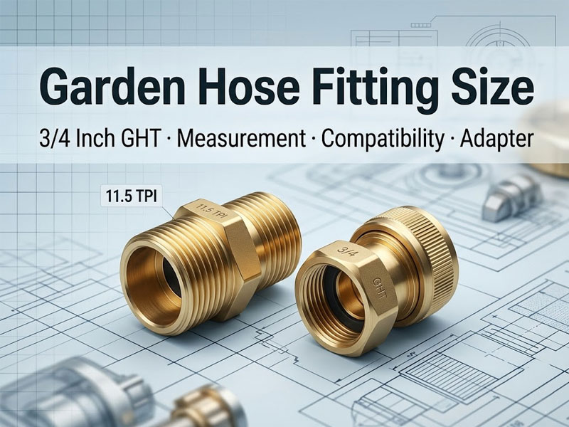 Professional cover image showing brass garden hose fittings and adapters with 3/4 inch GHT thread size, 11.5 TPI specification, measurement, compatibility, and adapter information in a technical industrial style.