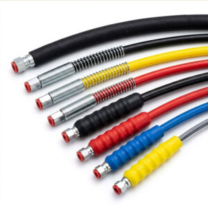 High pressure compressed air hose with wire spiral reinforcement and yellow protective sleeve