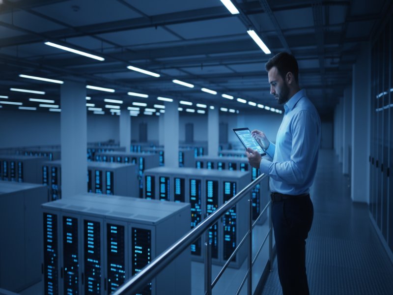 IT engineer in a blue shirt on a data center balcony, focused on a glowing tablet. Blue-lit server racks create a modern, high-tech facility.