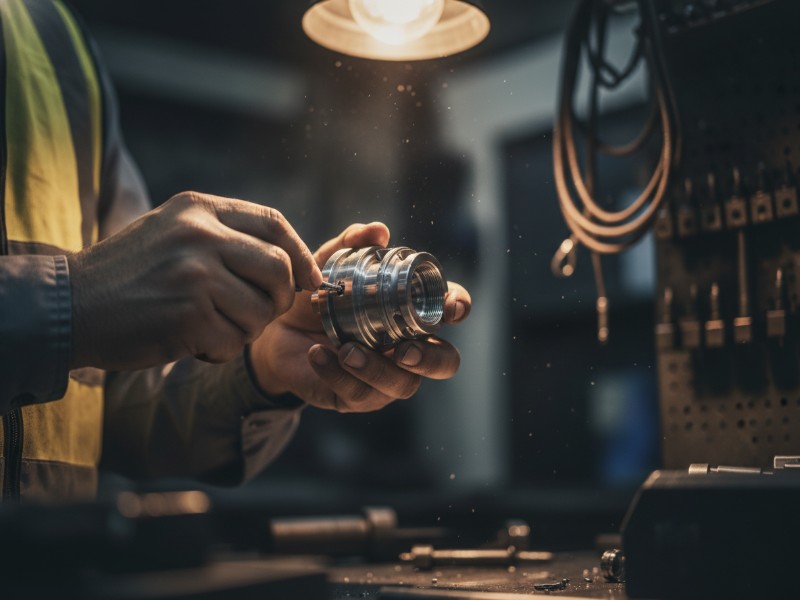 Worker's hands carefully handle a silver, precision-engineered metallic cylindrical component with threaded sections in a dimly lit industrial workshop.
