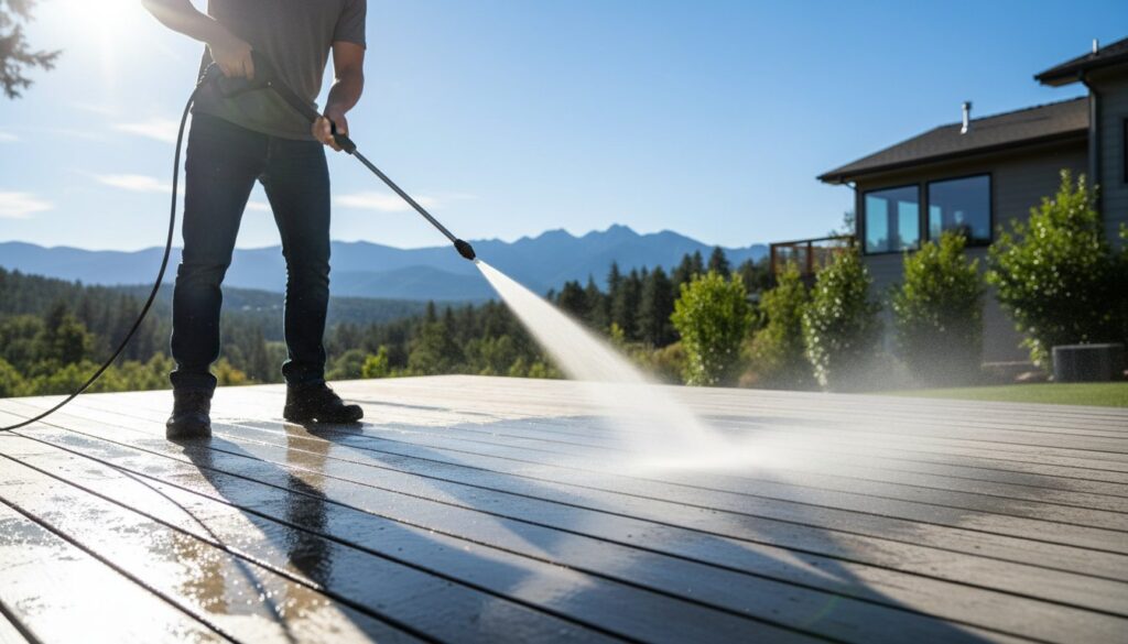 person-pressure-washing-light-gray-wooden-deck