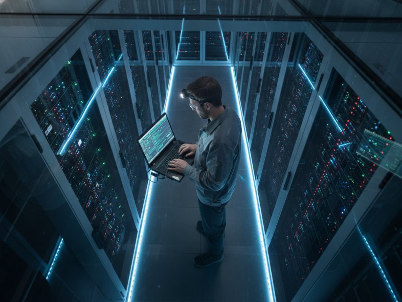 technician-laptop-modern-data-center-blue-lights