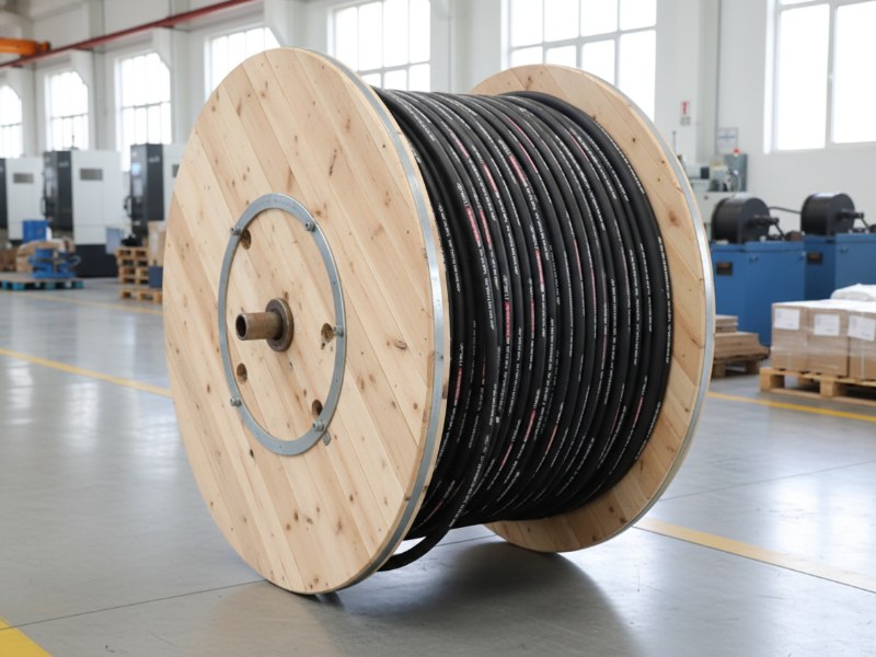 A large black wire spiral hydraulic hose is neatly coiled on a wooden reel, positioned on a clean grey floor within a bright, spacious factory setting.