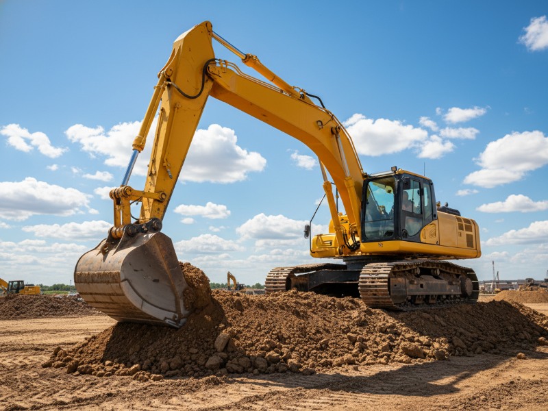 yellow-excavator-working-on-dirt-pile-at-construction-site