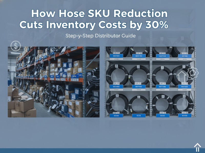 Split-screen industrial warehouse showing crowded, complex hose inventory on the left and simplified, organized hose products on the right, illustrating SKU reduction efficiency.