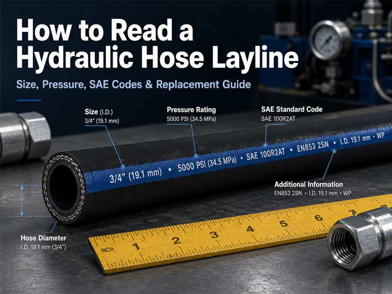 How to Read a Hydraulic Hose Layline: Size, Pressure, SAE Codes & Replacement Guide – Close-up of black hydraulic hose with visible layline markings