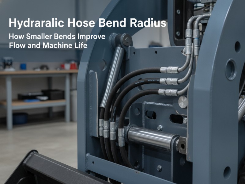 Black reinforced hydraulic hoses with steel fittings connected to a compact machine's blue-gray chassis in a clean, brightly lit workshop setting, illustrating bend radius.