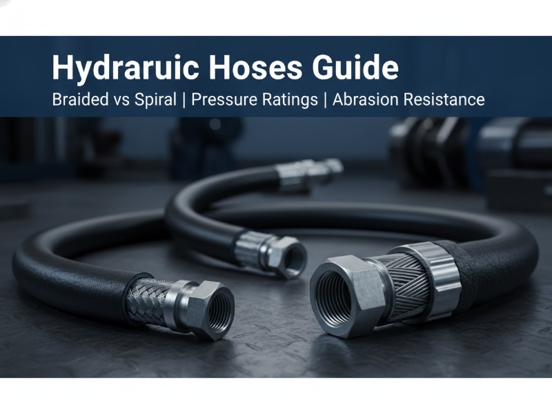 Two black industrial hydraulic hoses, braided and spiral, display their internal reinforcement and metal fittings on a dark, textured workshop surface.