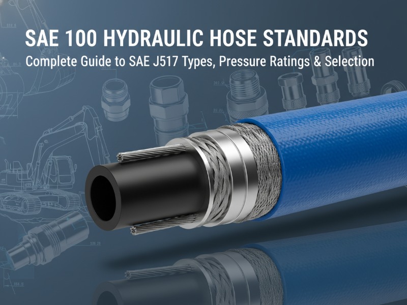 Cutaway view of an SAE 100 hydraulic hose showing black inner tube, metallic reinforcement, and blue textured cover. Industrial blueprint background with machinery.