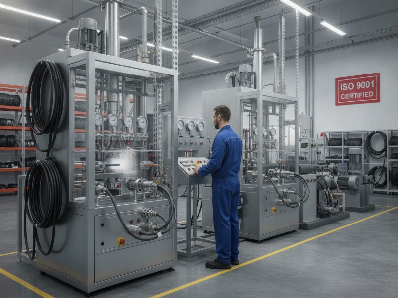 An engineer monitors a high-pressure burst test of steel braided hydraulic hoses in a detailed industrial ISO 9001 certified laboratory setting.