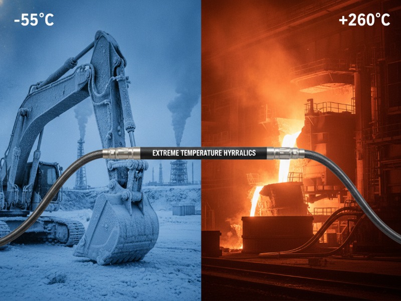 Black industrial hydraulic hose connects a frozen excavator in an arctic -55°C environment to a glowing hot steel mill at +260°C.