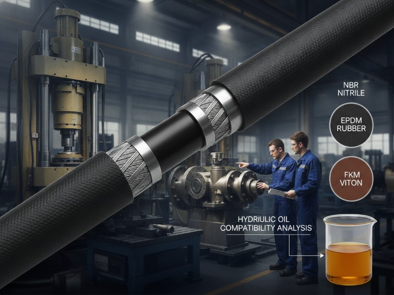 Ultra-realistic industrial hydraulic hose engineering scene, a high pressure hydraulic hose shown with a detailed cutaway cross section revealing the inner tube, steel wire reinforcement layers and outer cover, three elastomer materials comparison concept labeled NBR nitrile, EPDM rubber, and FKM Viton, hydraulic oil compatibility analysis theme, modern hydraulic machinery workshop background, industrial engineers inspecting hydraulic equipment, realistic manufacturing environment, oil and gas and heavy equipment application, technical photography style, clean composition, cinematic lighting, sharp focus, professional engineering documentation style, 8k resolution, no municipal infrastructure, no sewer pipes, no urban construction