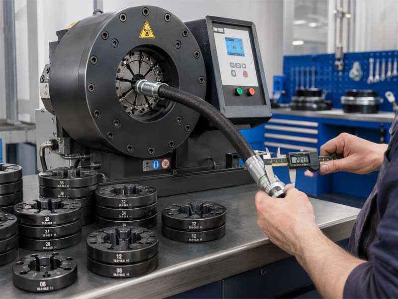 Professional hydraulic hose crimper machine with interchangeable die sets and digital caliper measurement on a metal workshop table.