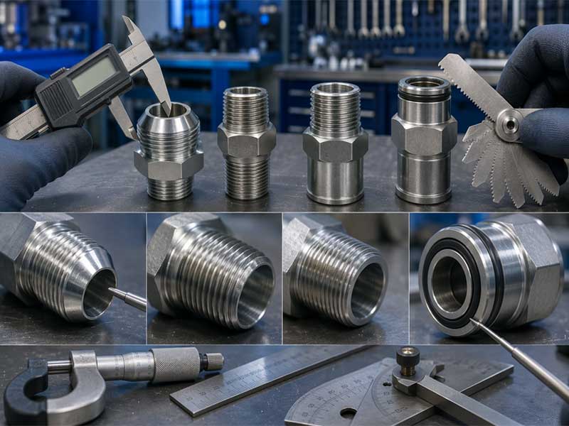 Technical illustration of JIC, NPT, BSPP, and ORFS hydraulic fittings with digital caliper and thread gauge measurement in a professional workshop.