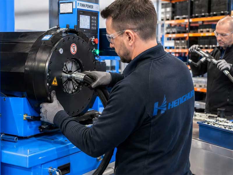 Professional engineer operating a high-precision hydraulic hose crimping machine in a modern manufacturing facility with clean, organized component shelves.