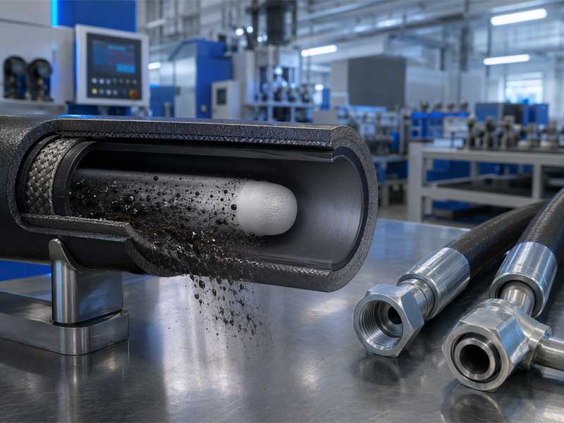 3D cutaway illustration of a hydraulic hose cleaning process using a white foam projectile to remove debris and contamination for ISO cleanliness control.