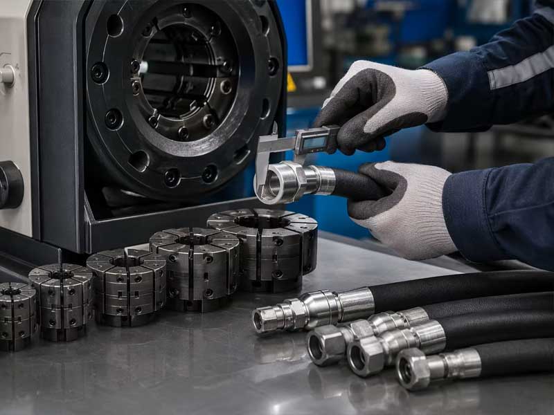 Professional engineer measuring hydraulic hose fitting diameter with digital caliper near various precision crimping die sets in a modern workshop.