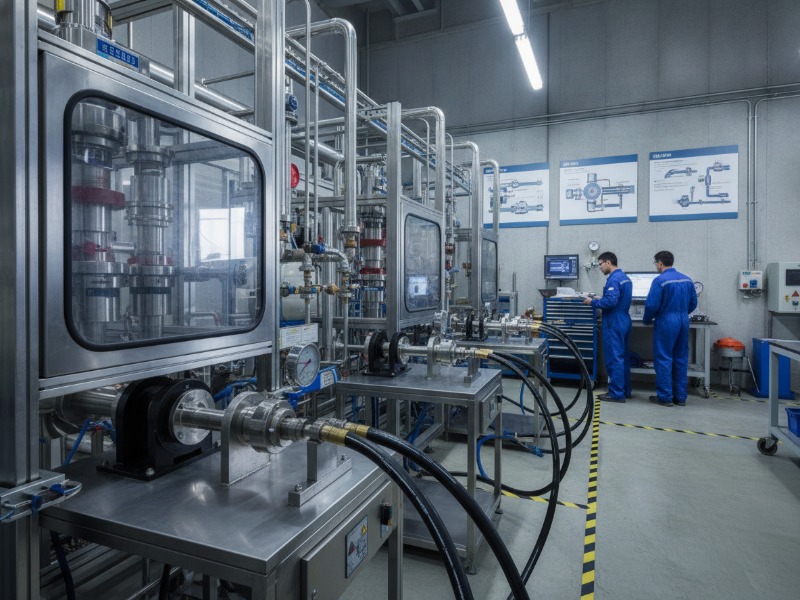 Engineers in blue overalls monitor high-pressure hydraulic hose impulse testing equipment within an industrial quality control laboratory, featuring extensive piping and digital displays.