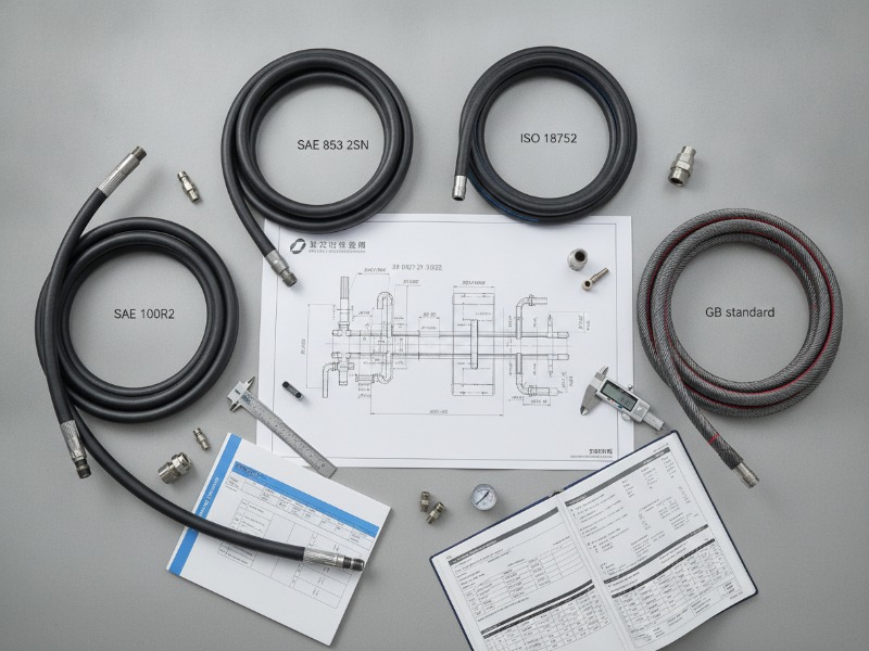 Four coiled black hydraulic hoses (SAE, ISO, GB standards), metal fittings, technical drawings, and measurement tools displayed on a gray engineering workspace.