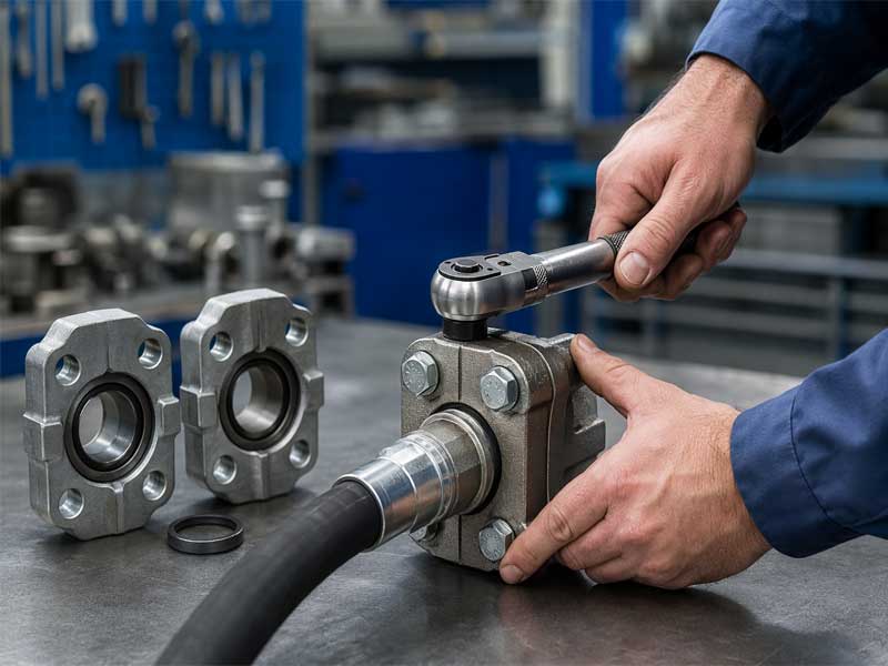 Professional technician installing SAE J518 split flange hydraulic fitting with torque wrench, featuring Code 61 and Code 62 design comparison.