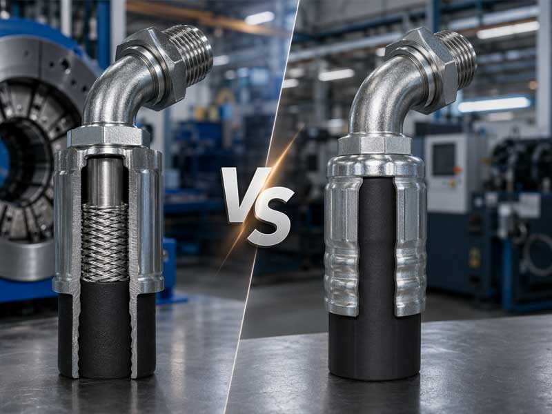 Technical split-screen cross-section comparison between skive and no-skive hydraulic hose fitting assemblies in an industrial manufacturing setting.