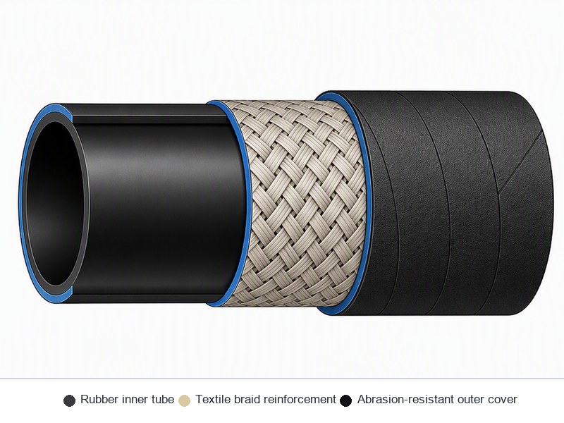 Cross-section diagram of an air delivery hose showing the rubber inner tube, textile braid reinforcement layer, and abrasion-resistant outer cover