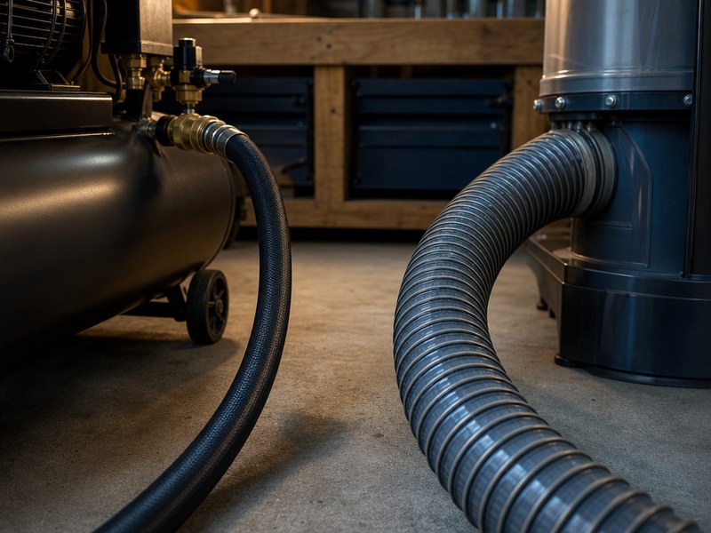 textile-braided air delivery hose and wire-reinforced air suction hose side by side in an industrial workshop
