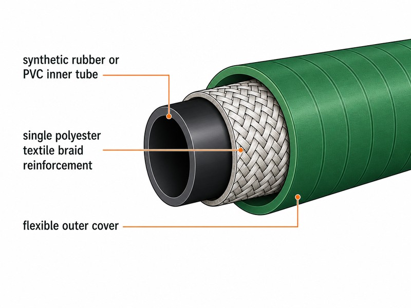 Cross-section diagram of an air hose showing the synthetic rubber or PVC inner tube, single polyester textile braid reinforcement, and flexible outer cover
