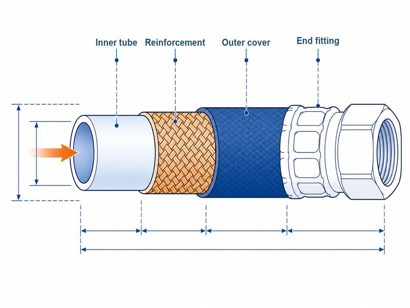 Cross-section diagram of an air hose showing the inner tube, braided reinforcement layer, outer cover, and end fitting