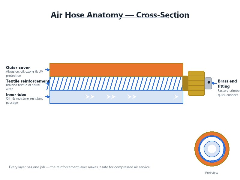 Cross-section diagram of a reinforced air hose showing inner tube, textile reinforcement layer, outer cover, and end fitting
