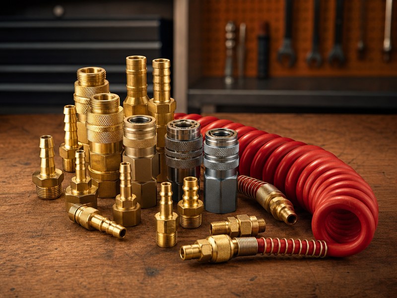 brass air hose fittings and quick connect couplers arranged with an air hose on a workshop bench