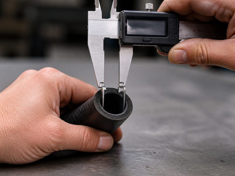 Person using a digital caliper to measure the inside diameter of an air hose bore