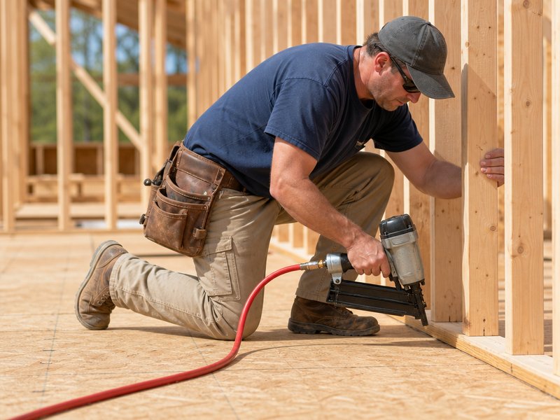 Worker using a pneumatic framing nailer connected to a rubber air hose on a construction job site