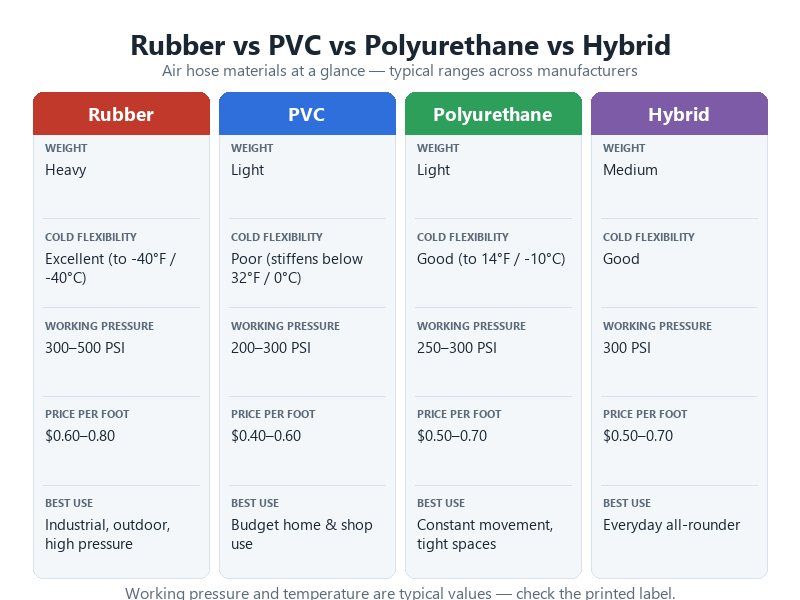 Infographic comparing rubber, PVC, polyurethane and hybrid air hoses on weight, cold flexibility, working pressure and price