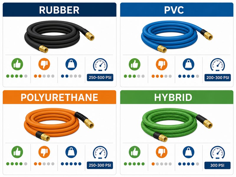 Infographic comparing rubber, PVC, polyurethane and hybrid air hoses on weight, flexibility, pressure rating and price