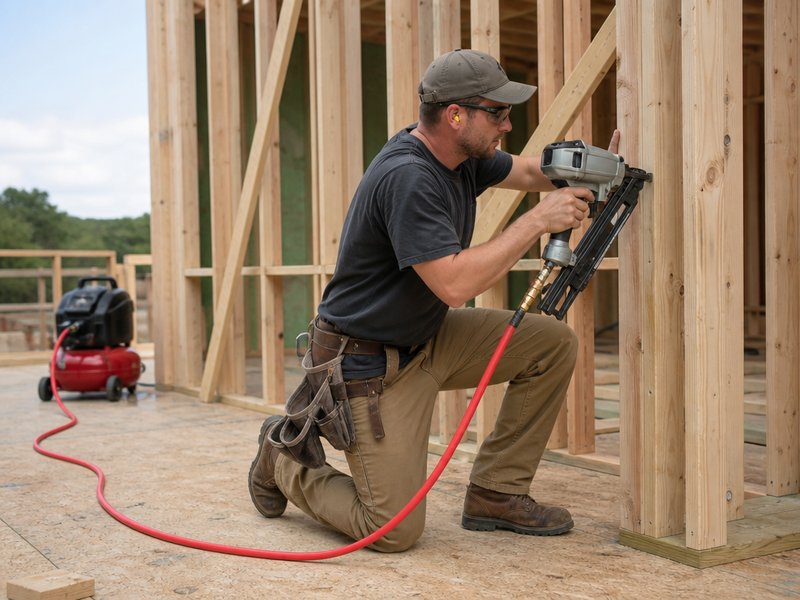 air hose connected to a framing nailer in a construction site
