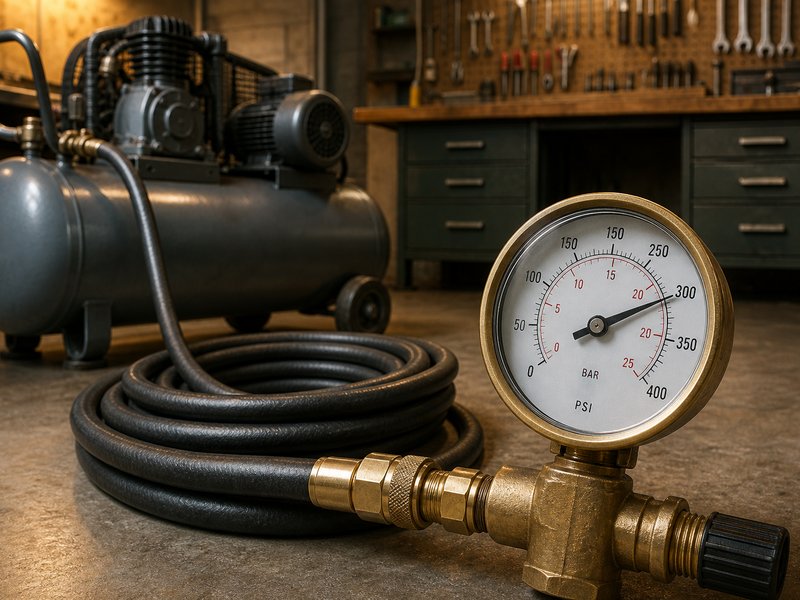 air compressor connected to a coiled air hose with a pressure gauge showing the working pressure in a workshop