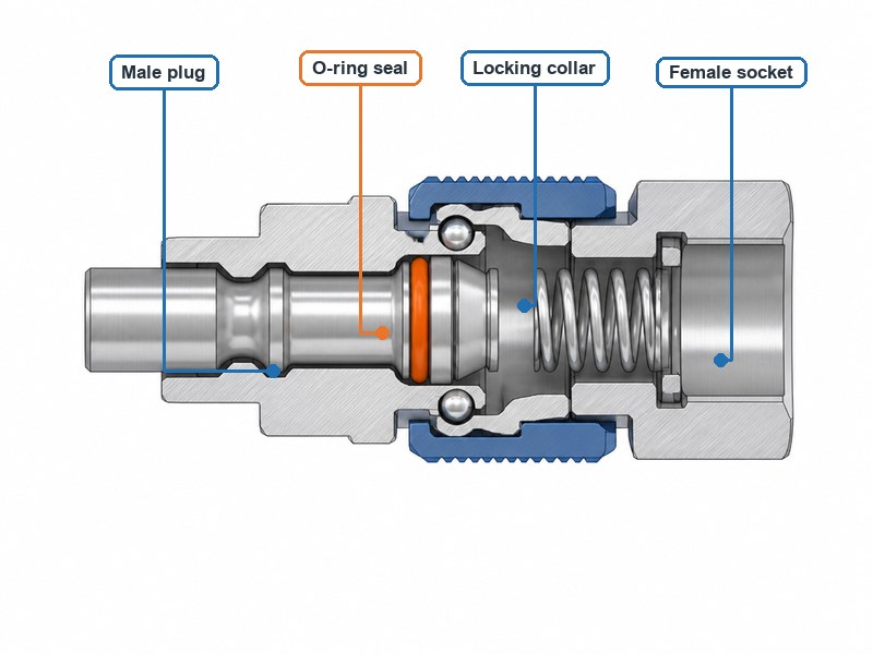 Cutaway diagram of an air hose quick connect coupling showing the male plug, female socket, locking collar and O-ring seal