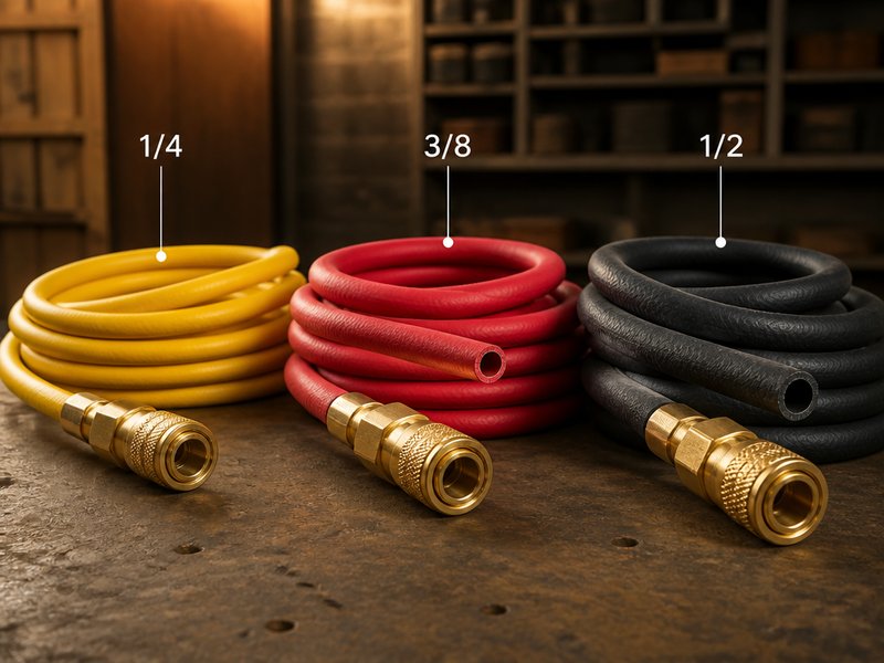 three air hoses of 1/4, 3/8 and 1/2 inch size with brass quick connect fittings in a workshop