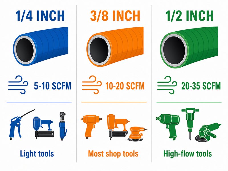 Comparison chart of 1/4 inch, 3/8 inch and 1/2 inch air hoses with their recommended air flow rates and typical tool applications