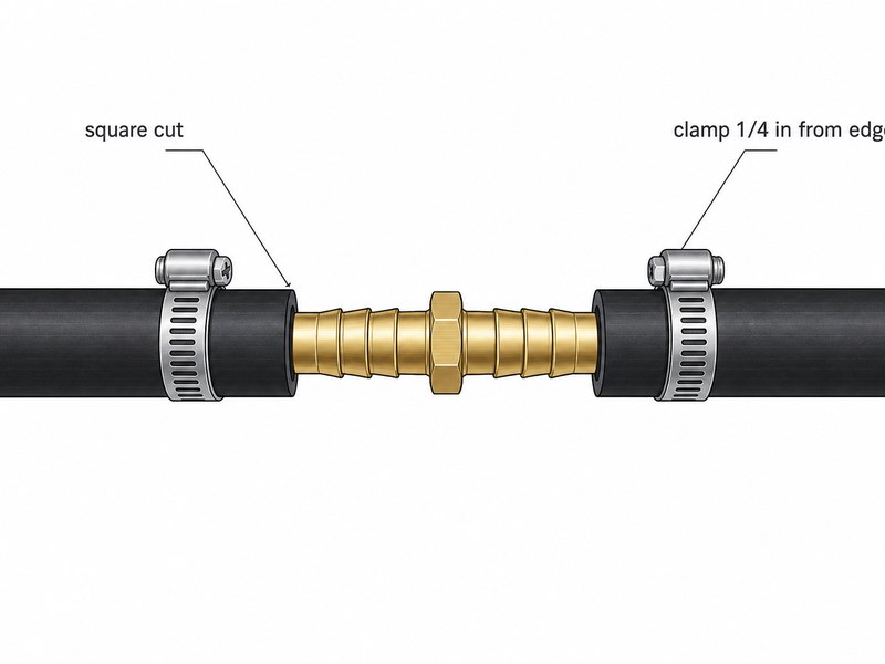 diagram of splicing an air hose with a brass hose mender and two hose clamps