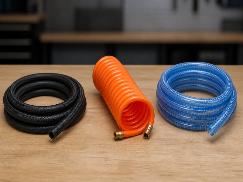 Three types of air hoses side by side: a straight braided hose, a coiled recoil hose, and a spiral-reinforced hose