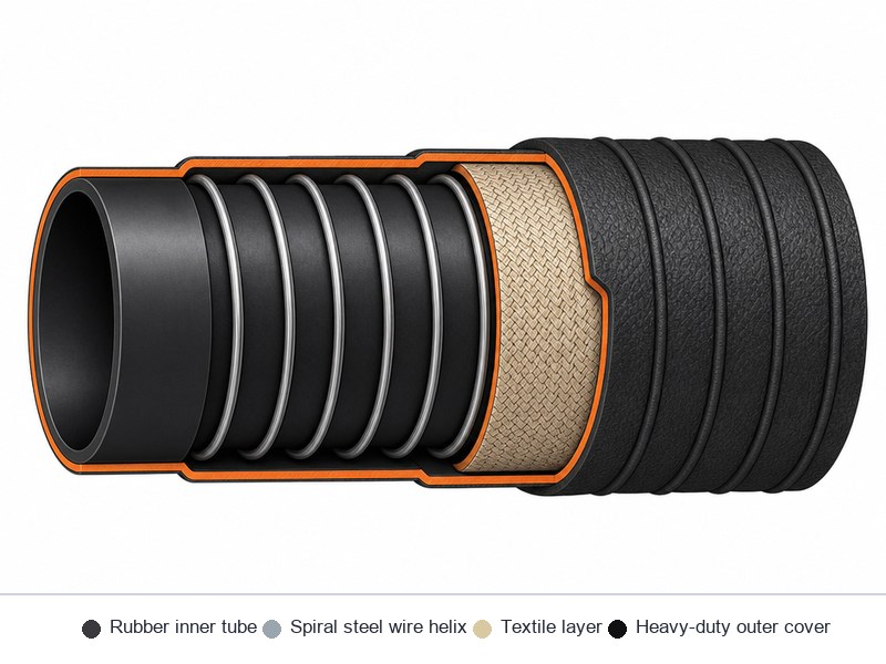 Cross-section diagram of an air suction hose showing the rubber inner tube, embedded spiral steel wire helix, textile layer, and heavy-duty outer cover