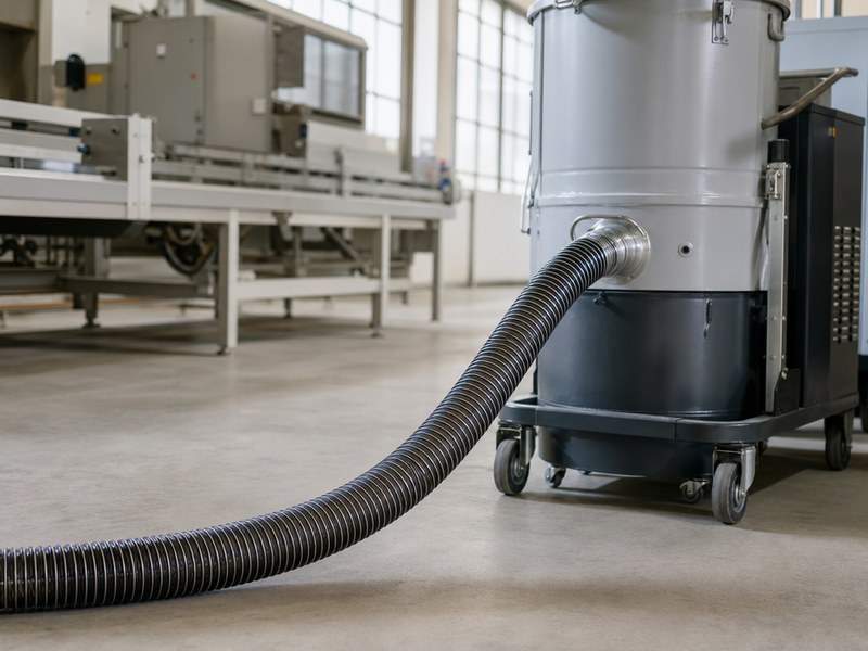 wire-reinforced air suction hose connected to an industrial dust collection vacuum system in a factory