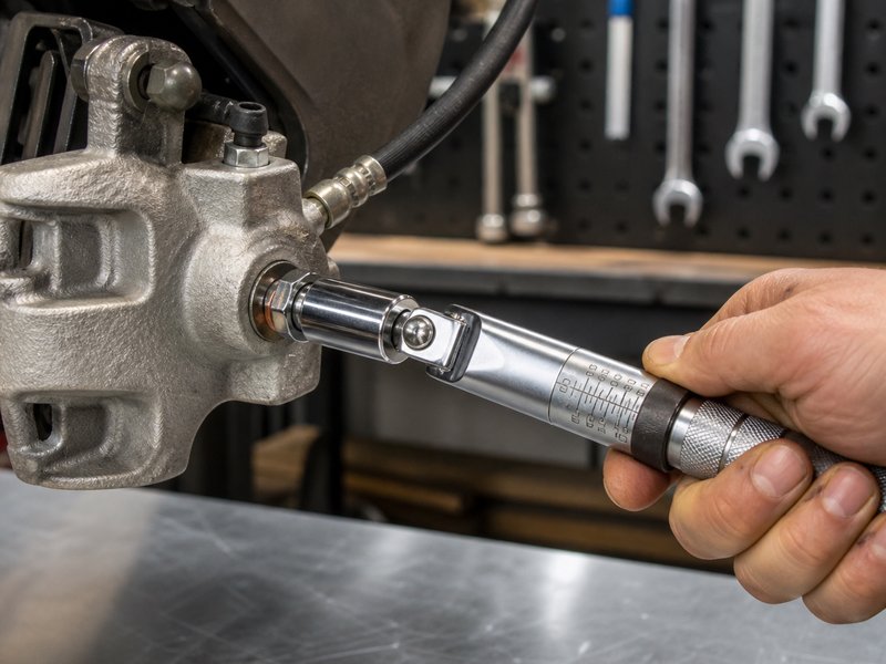torque wrench tightening a banjo bolt on a brake caliper